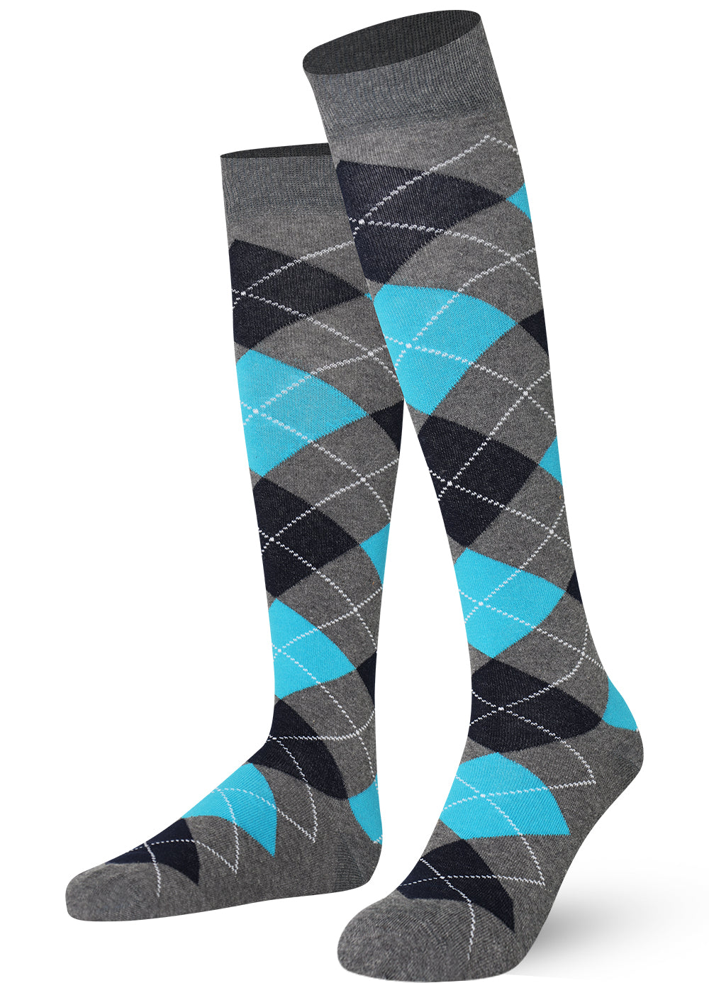 Gray and blue argyle patterned knee-high socks