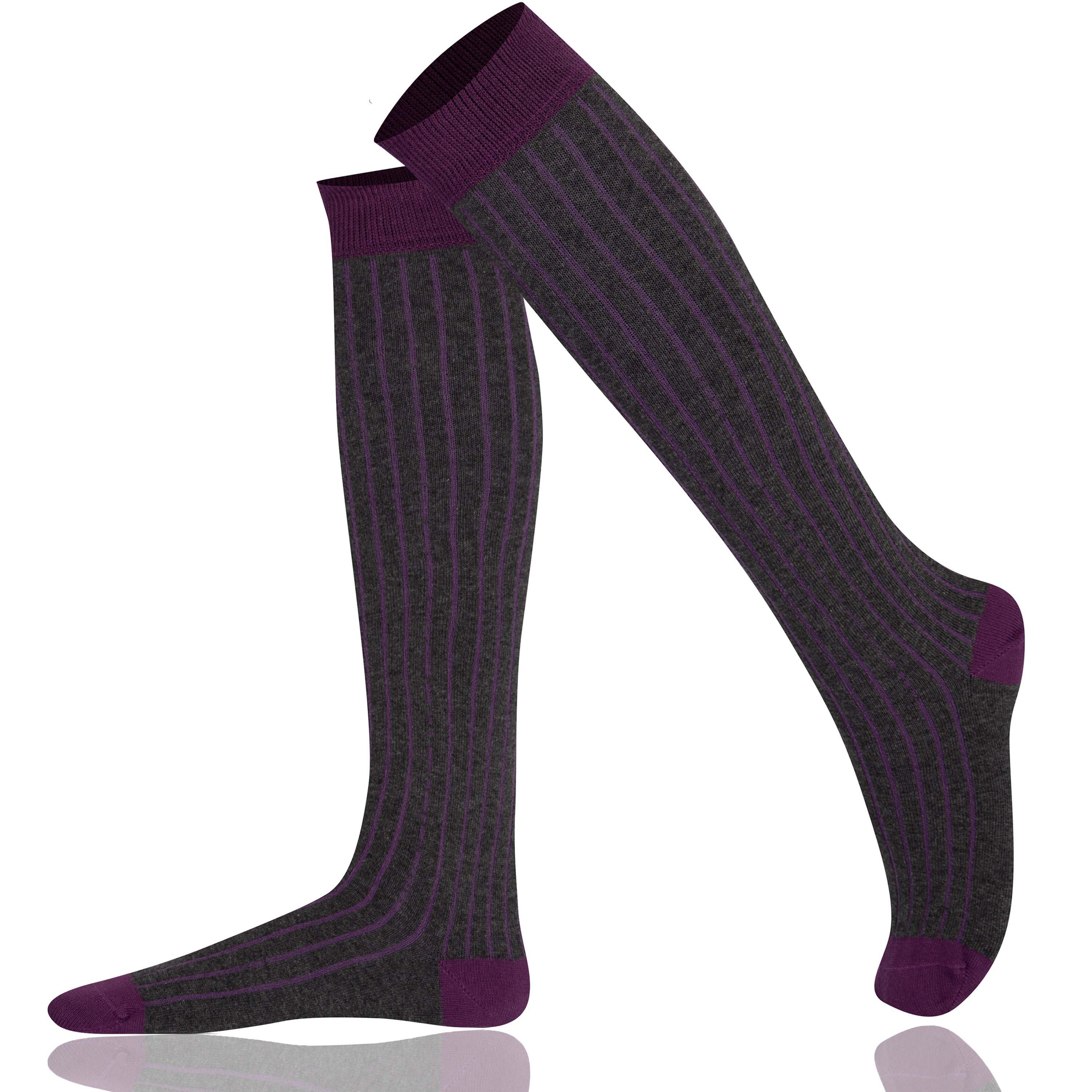 Pair of Anthracite Ribbed knee-high socks with purple accents