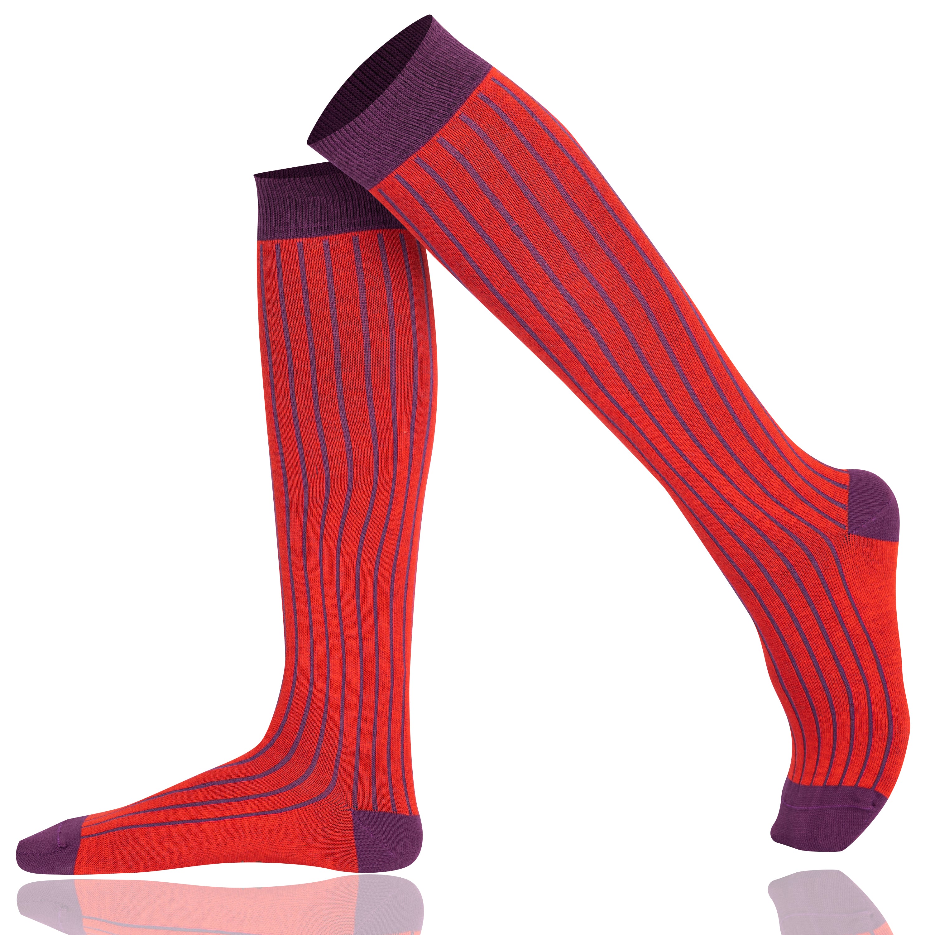Red Ribbed knee-high socks with purple accents