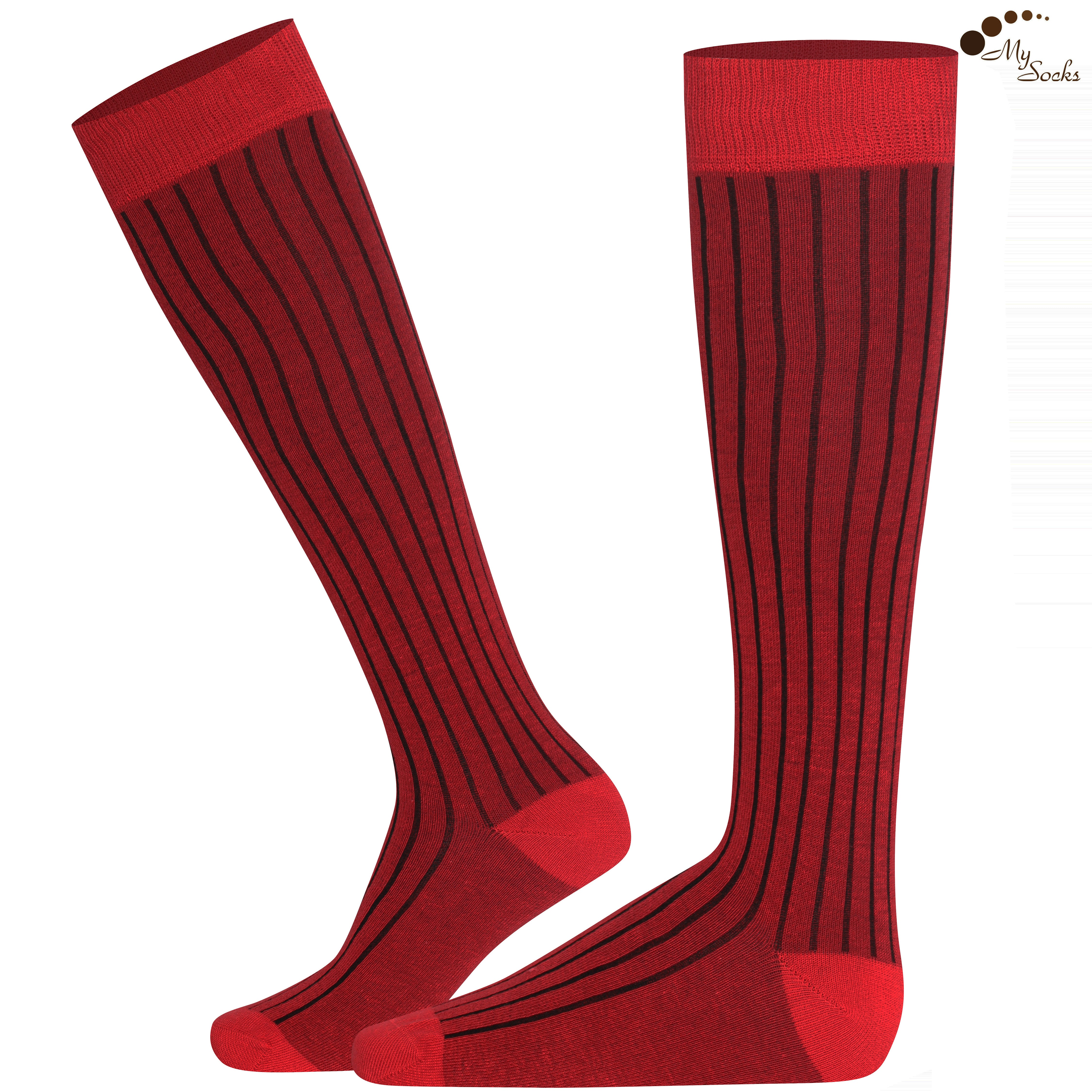 Red knee-high socks with a ribbed pattern