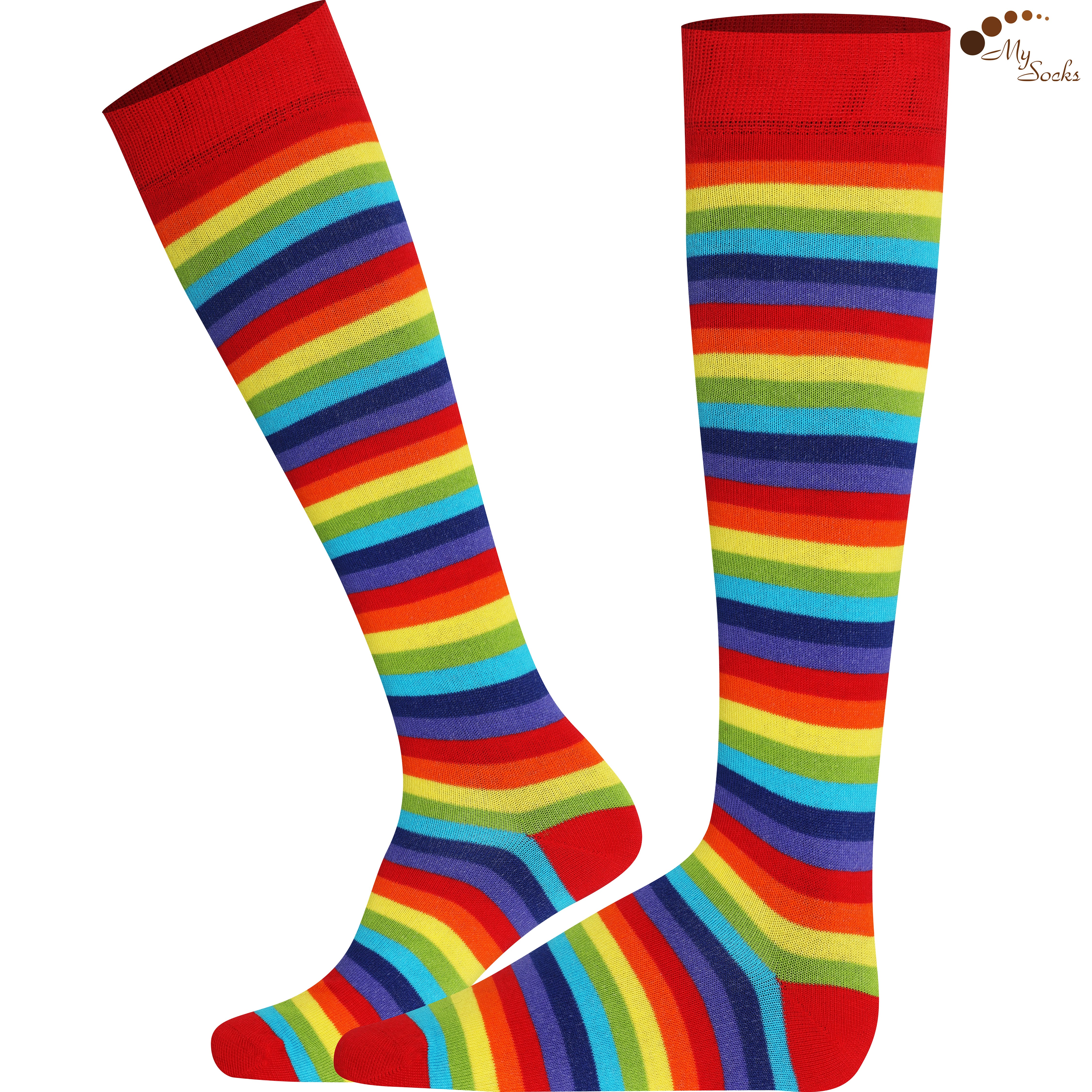 Red Rainbow Mysocks stripe knee high socks made of extra fine combed cotton.