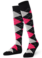 Unisex wearing Argyle black and pink Mysocks knee-high combed cotton socks