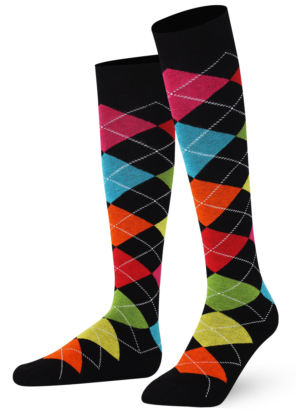 Unisex wearing black multicolour argyle Mysocks knee-high combed cotton socks