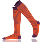 Ribbed Orange knee-high socks with purple accents 