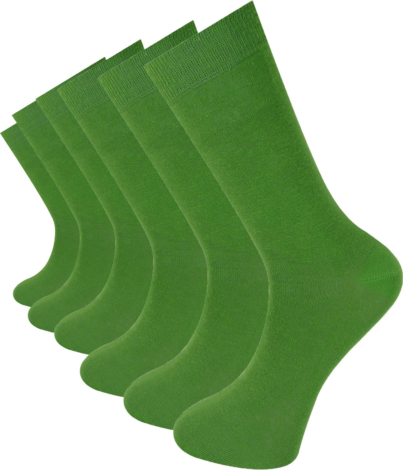 6 pairs of bright green unisex plain combed cotton crew socks featuring a seamless toe for men and women.
