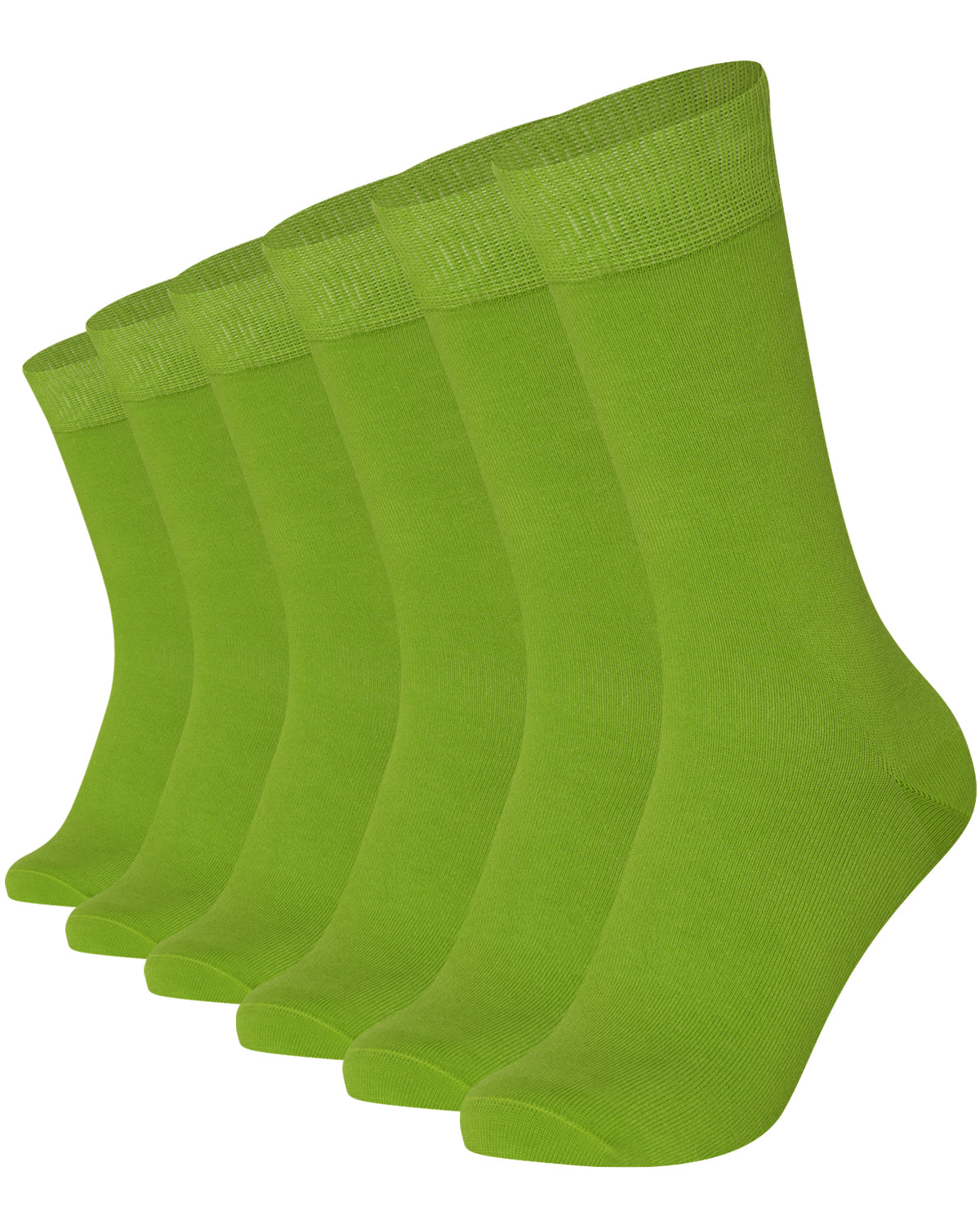 6 pairs of bright green unisex plain combed cotton crew socks featuring a seamless toe for men and women.