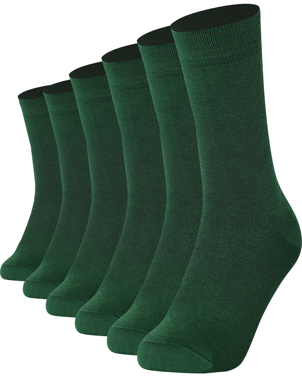 6 pairs of bright pine green unisex plain combed cotton crew socks featuring a seamless toe for men and women.