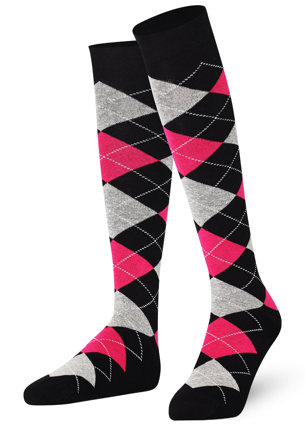 Knee-high socks with black, pink, and gray argyle pattern on a white background