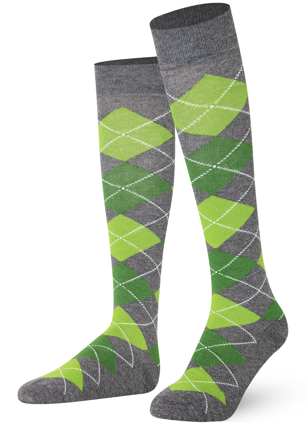 Gray knee-high socks with green argyle pattern on a white background