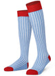 Light blue ribbed kids knee high socks with red cuffs, heels, and a seamless toe by Mysocks.