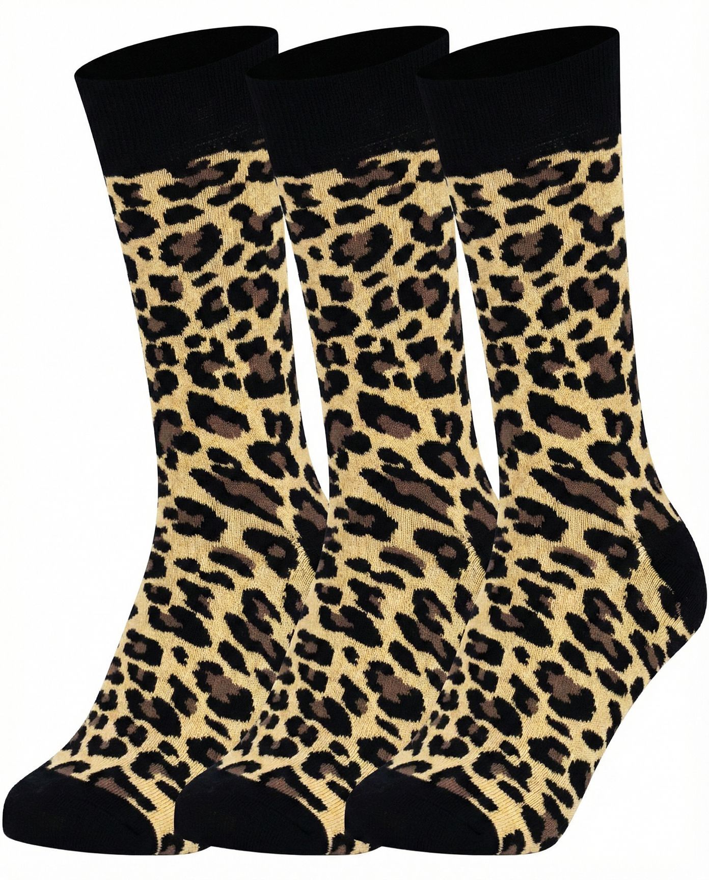 Three pairs of Mysocks unisex crew socks featuring a brown and black leopard animal print design.