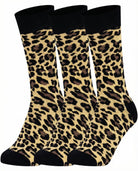 Three pairs of Mysocks unisex crew socks featuring a brown and black leopard animal print design.