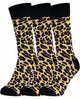 Three pairs of Mysocks unisex crew socks featuring a brown and black leopard animal print design.