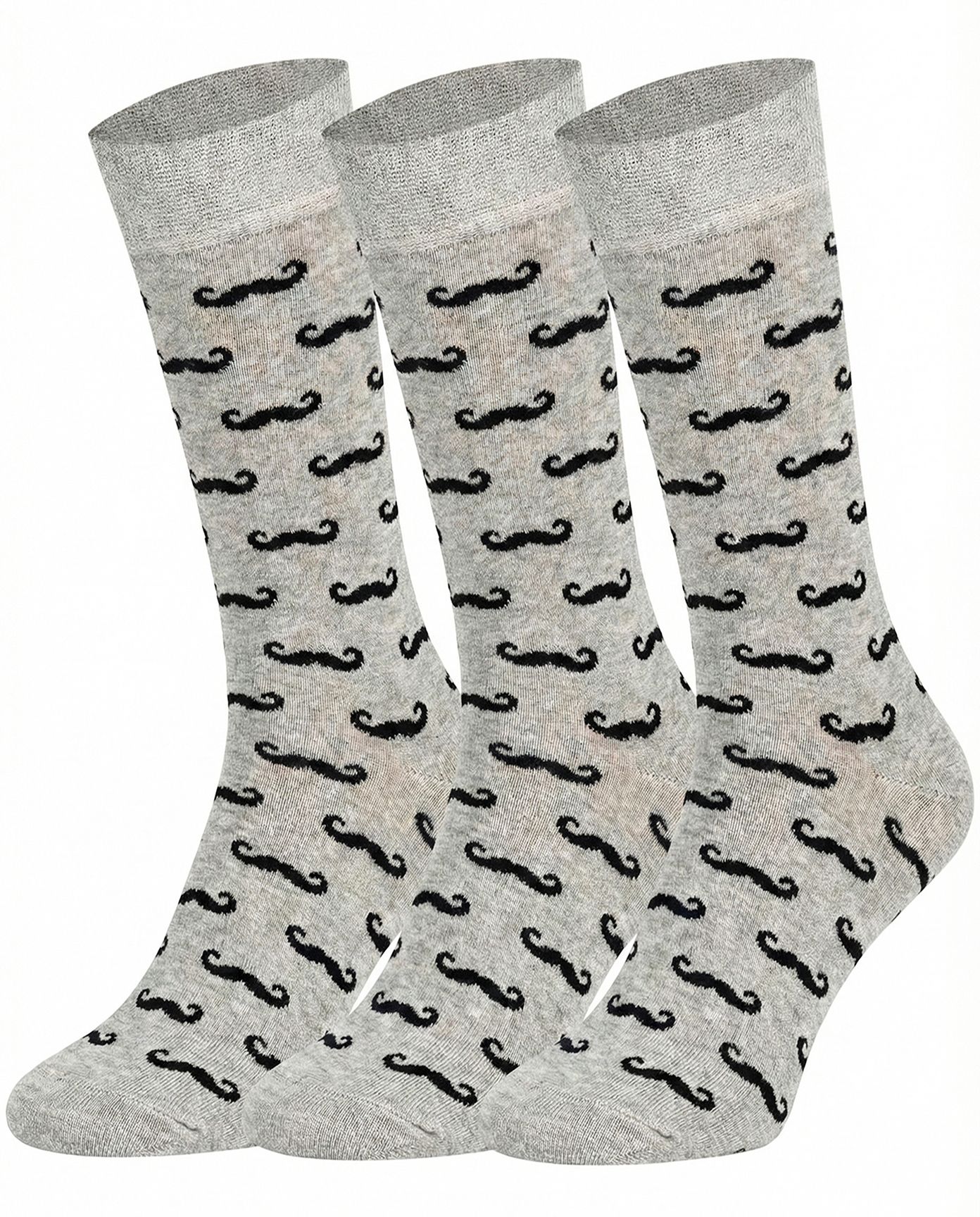 Three pairs of Mysocks unisex crew socks featuring a ash and black moustache design.