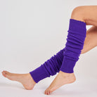 Woman wearing Mysocks electric purple 100% acrylic leg warmers