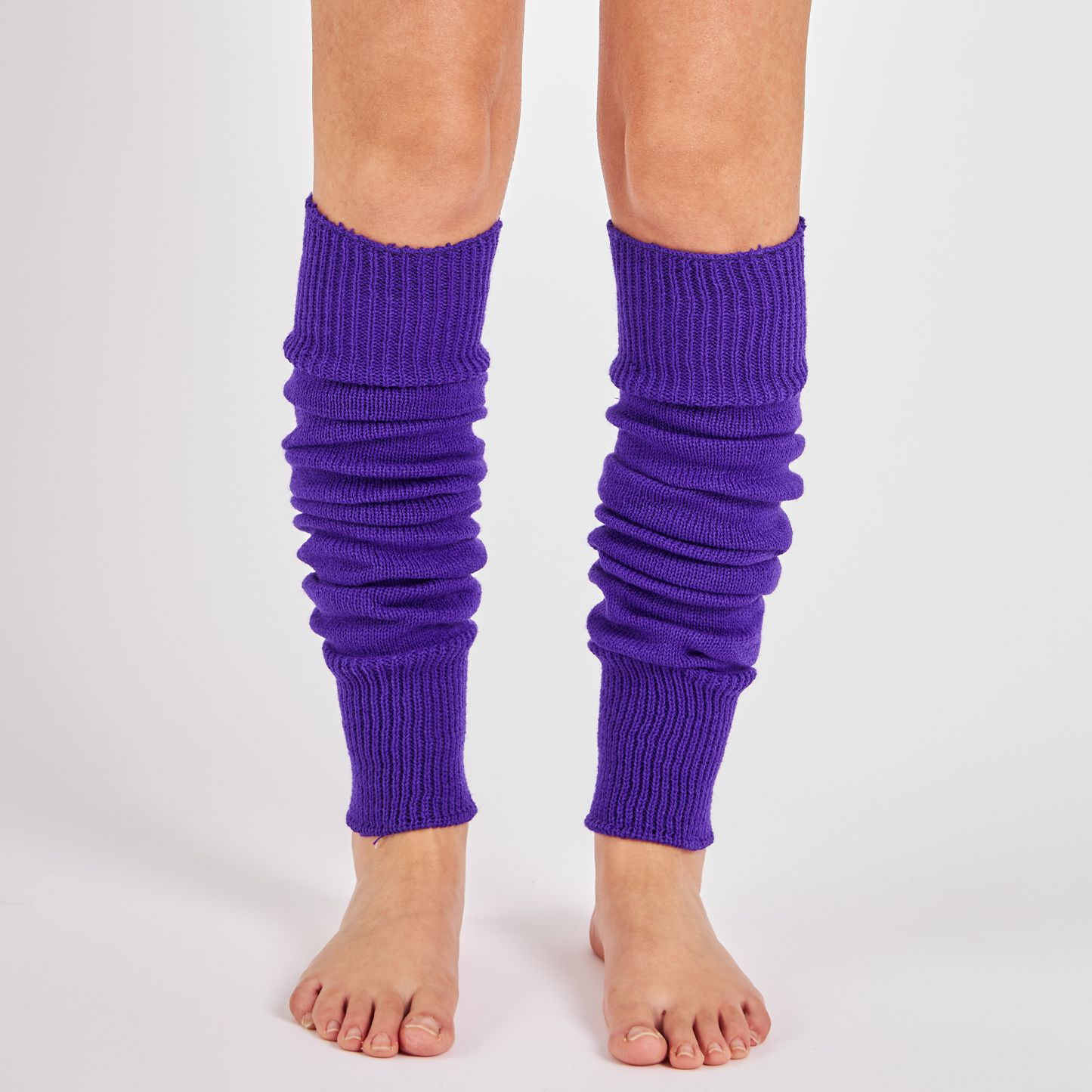 Woman wearing Mysocks electric purple 100% acrylic leg warmers