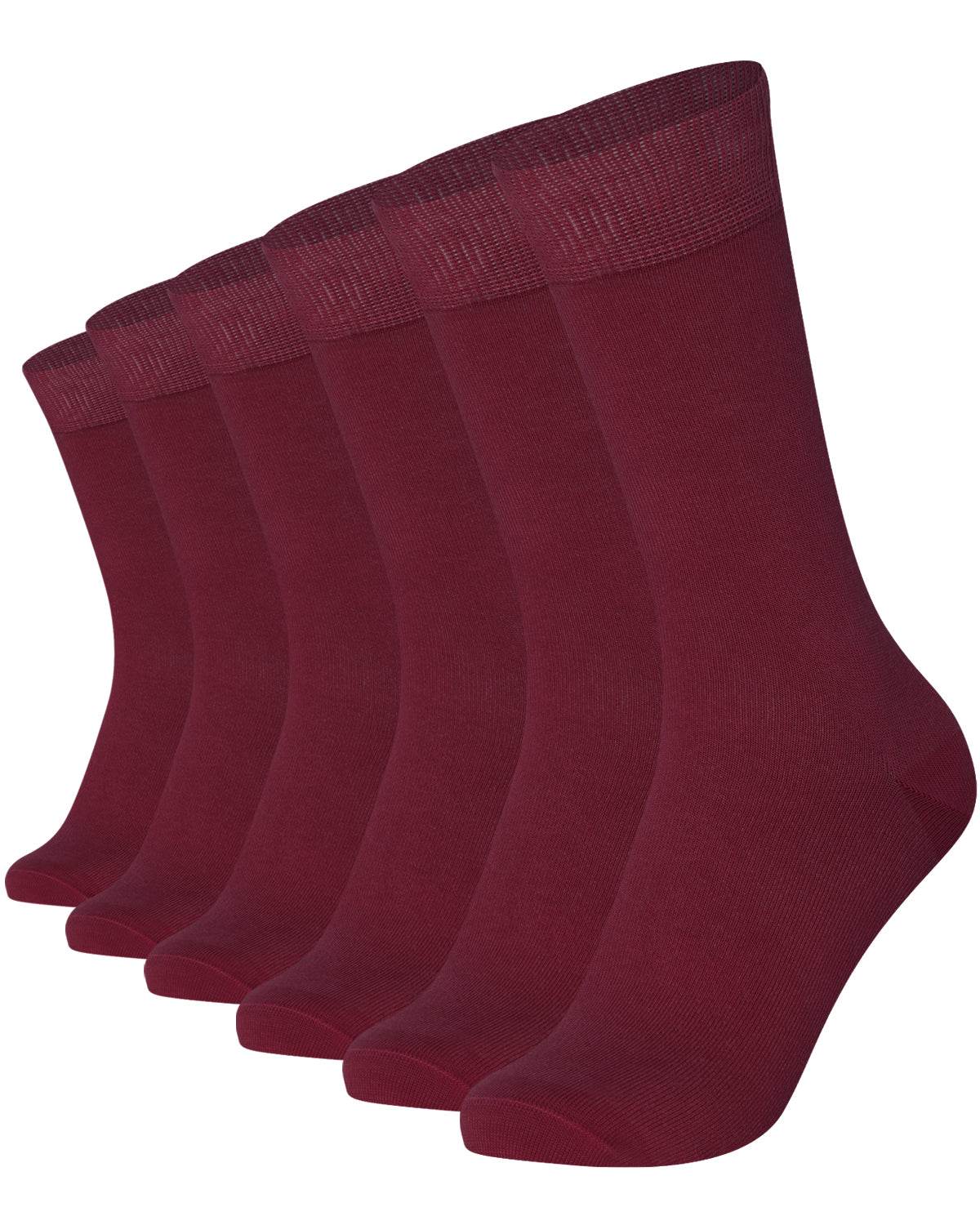 Unisex plain burgundy crew socks 6-pair pack made of combed cotton featuring a seamless toe for sensitive feet.
