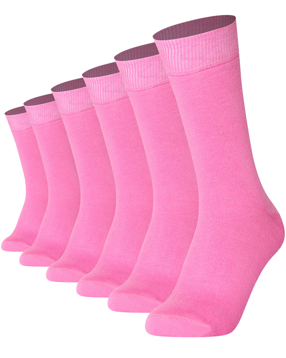 Unisex plain pink crew socks 6-pair pack made of combed cotton featuring a seamless toe for sensitive feet.
