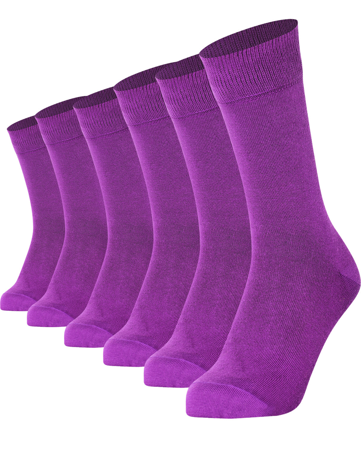 Unisex plain purple crew socks 6-pair pack made of combed cotton featuring a seamless toe for sensitive feet.