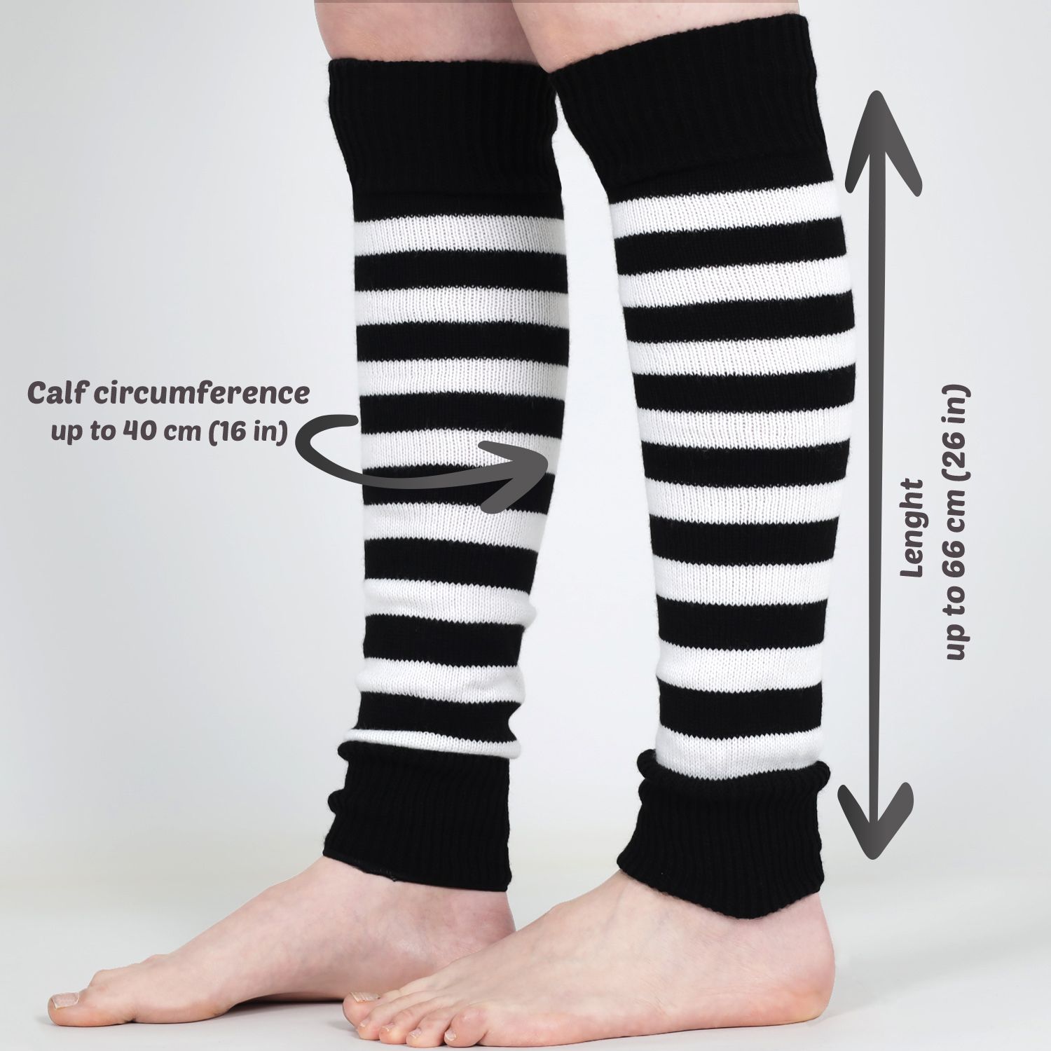 Woman wearing Mysocks black and white striped 100% acrylic leg warmers