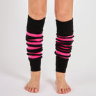 Woman wearing Mysocks fuchsia and black striped acrylic leg warmers