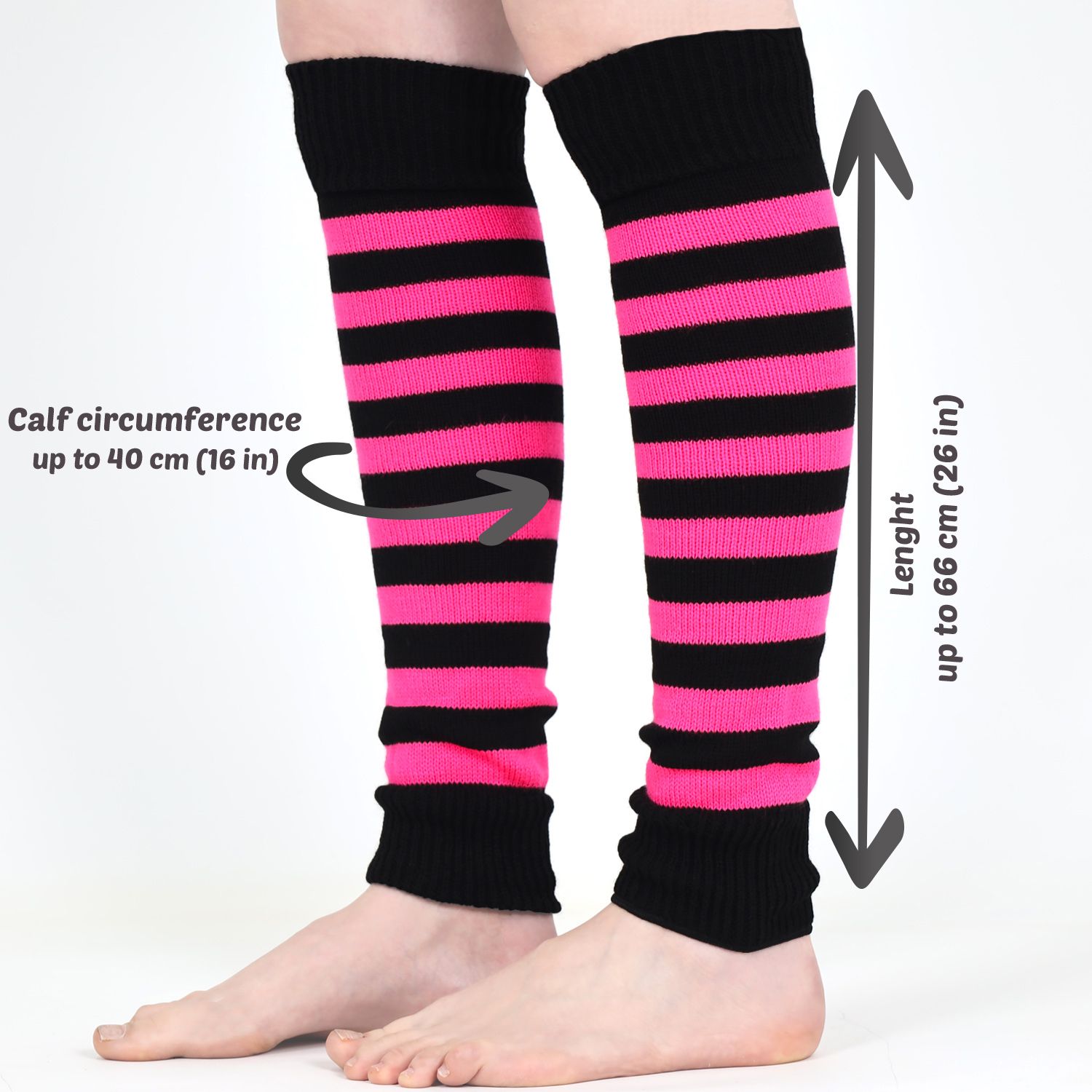 Woman wearing Mysocks fuchsia and black striped acrylic leg warmers