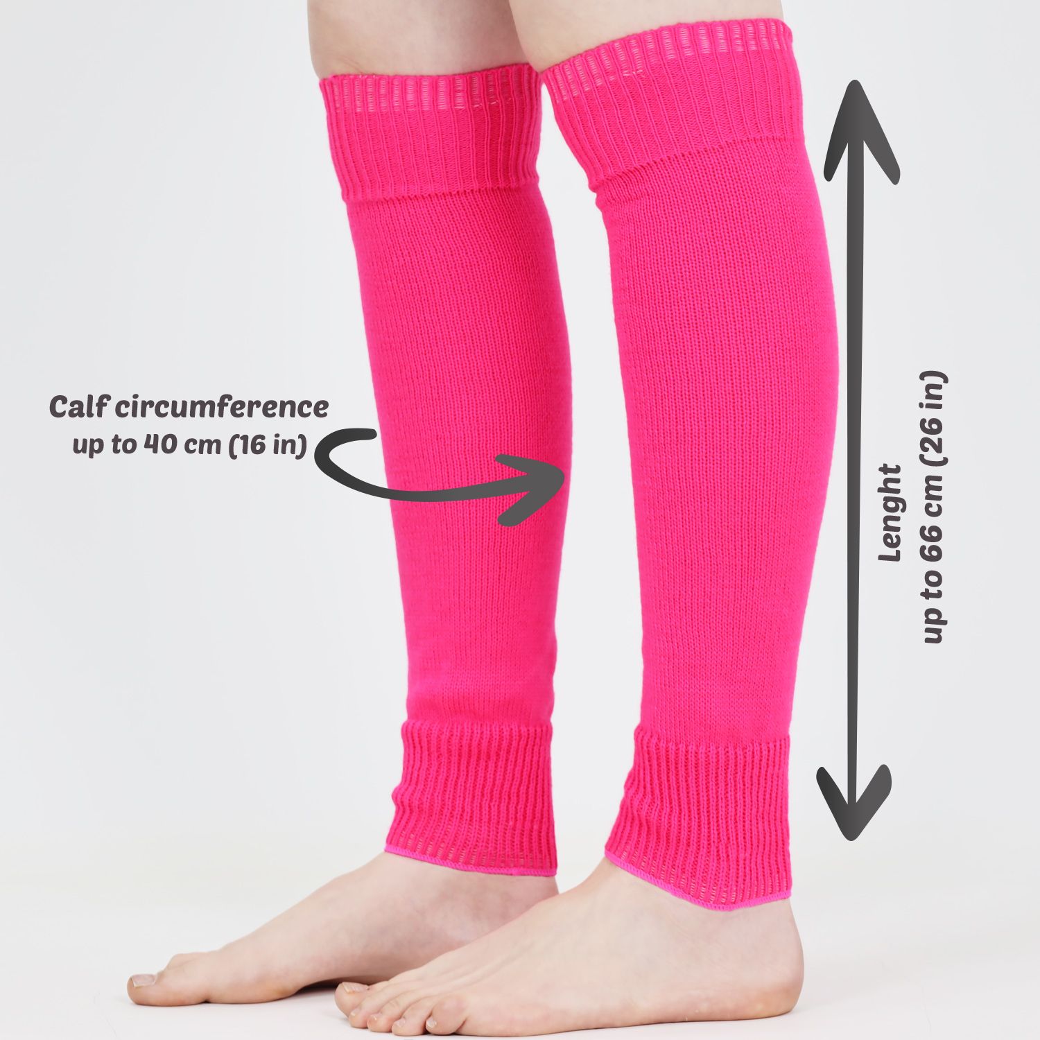 Woman's legs wearing neon pink ribbed knit leg warmers for dance and parties