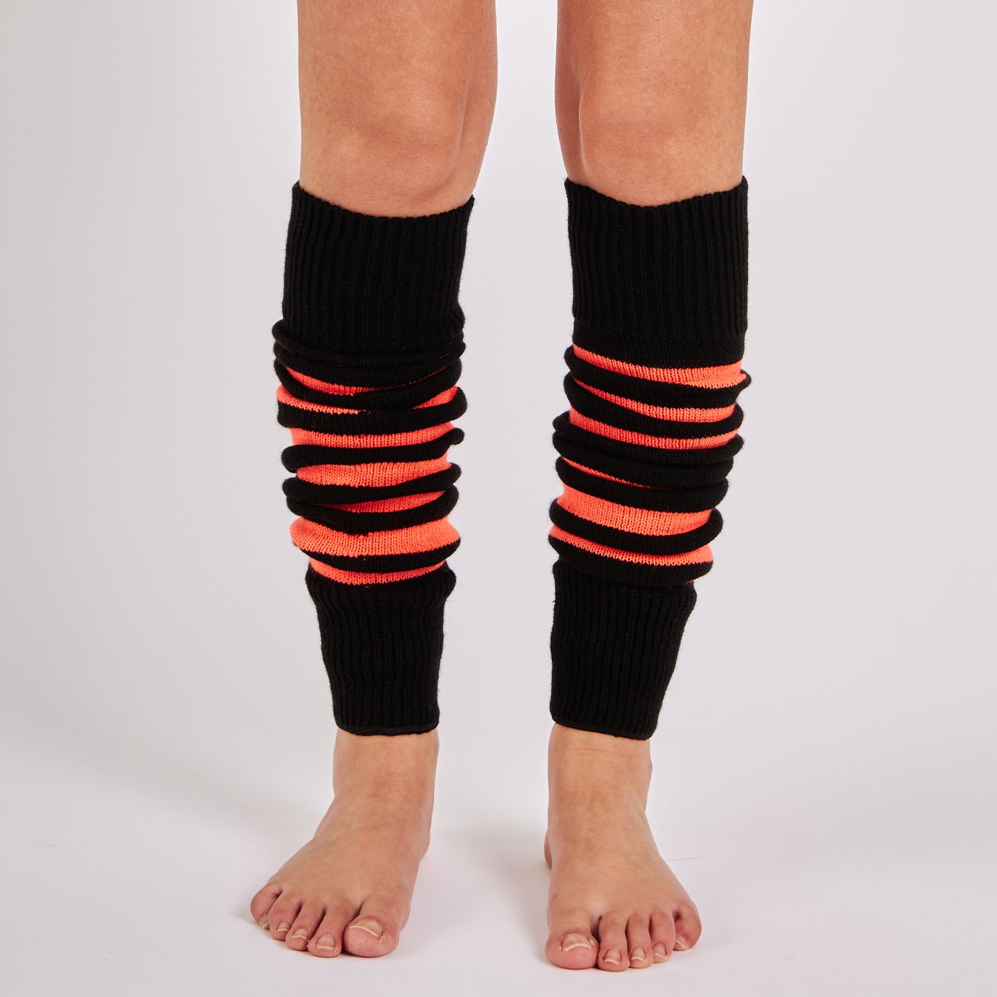 Mysocks women's soft acrylic orange and black striped leg warmers worn on legs