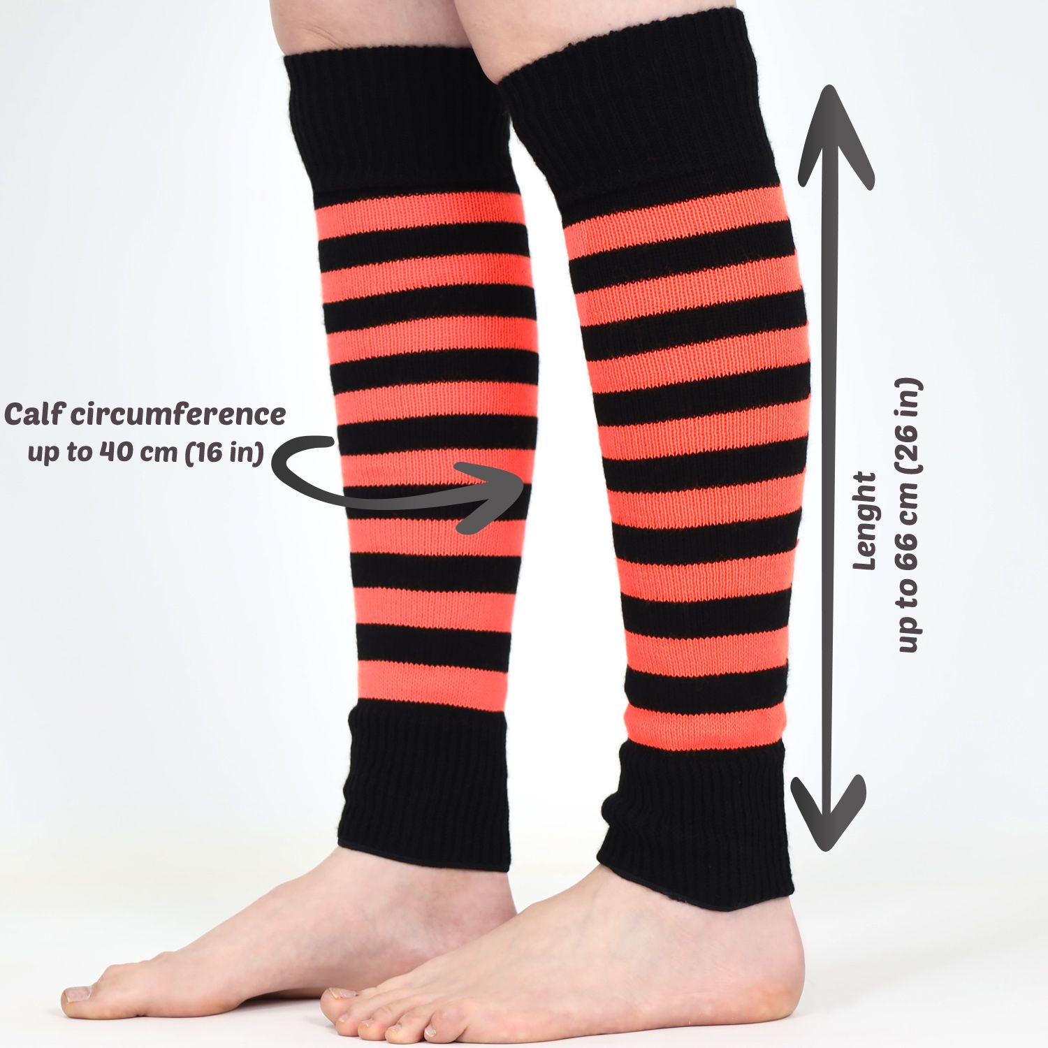 Mysocks women's soft acrylic orange and black striped leg warmers worn on legs