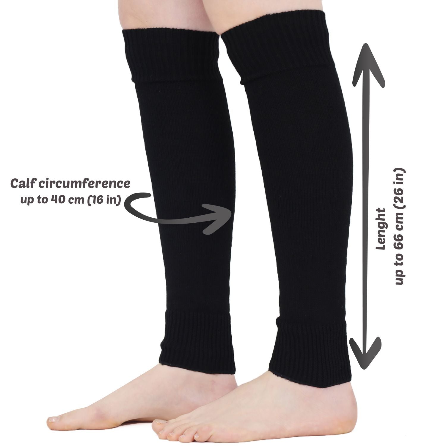 Woman wearing Mysocks plain black 100% acrylic leg warmers