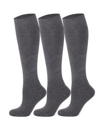 Womens 3 Pairs Knee High Socks Plain Combed Cotton Seamless Toe -Anthracite