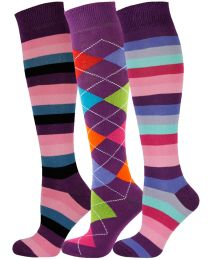Knee High Socks Pink Combination Multi Design 3 Pairs Combed Cotton