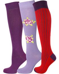 Womens Knee High Socks Multi Design 3 Pairs Combed Cotton Seamless Toe 001