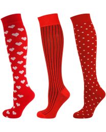 Women Knee High Red Valentine Theme 3 Pairs Combination Socks