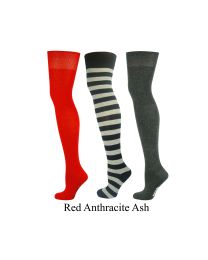 Stripe, Plain Combination 3 Pairs  Combed Cotton Over the Knee  Socks 5-9-Anthracite