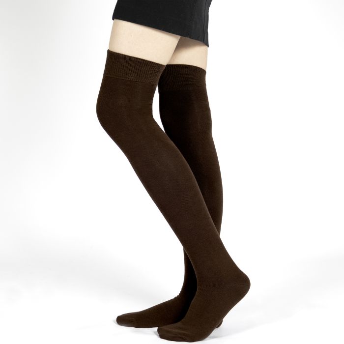 Plain Combed Cotton Over the Knee Socks Brown 9 11