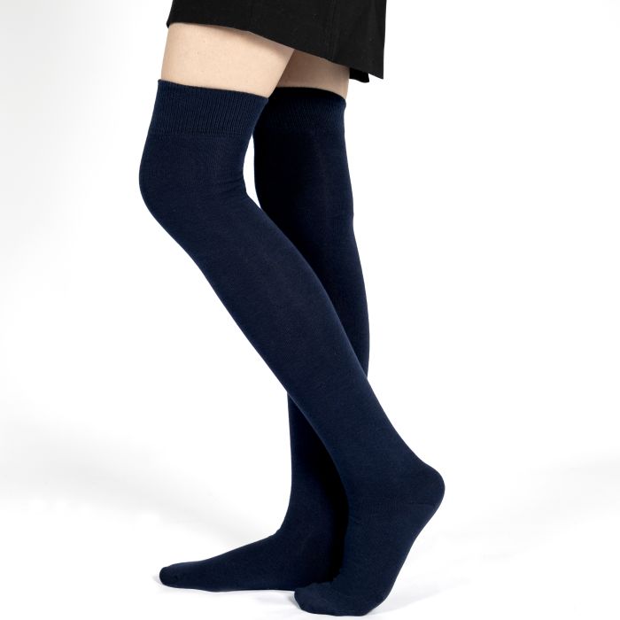 Plain Combed Cotton Over the Knee Socks Navy 5 9