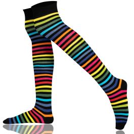 Women s Rainbow Stripe Combed Cotton Over the Knee Socks Thin 002